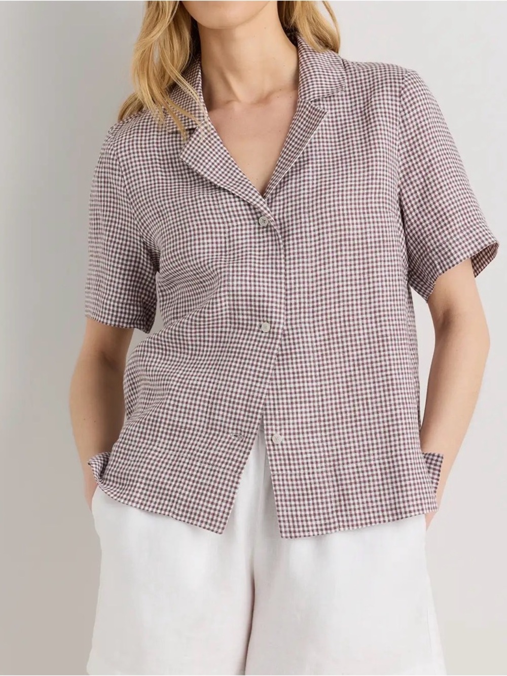 Quince 100% European Linen Shirt Womens L Brown Gingham Coastal Cottagecore